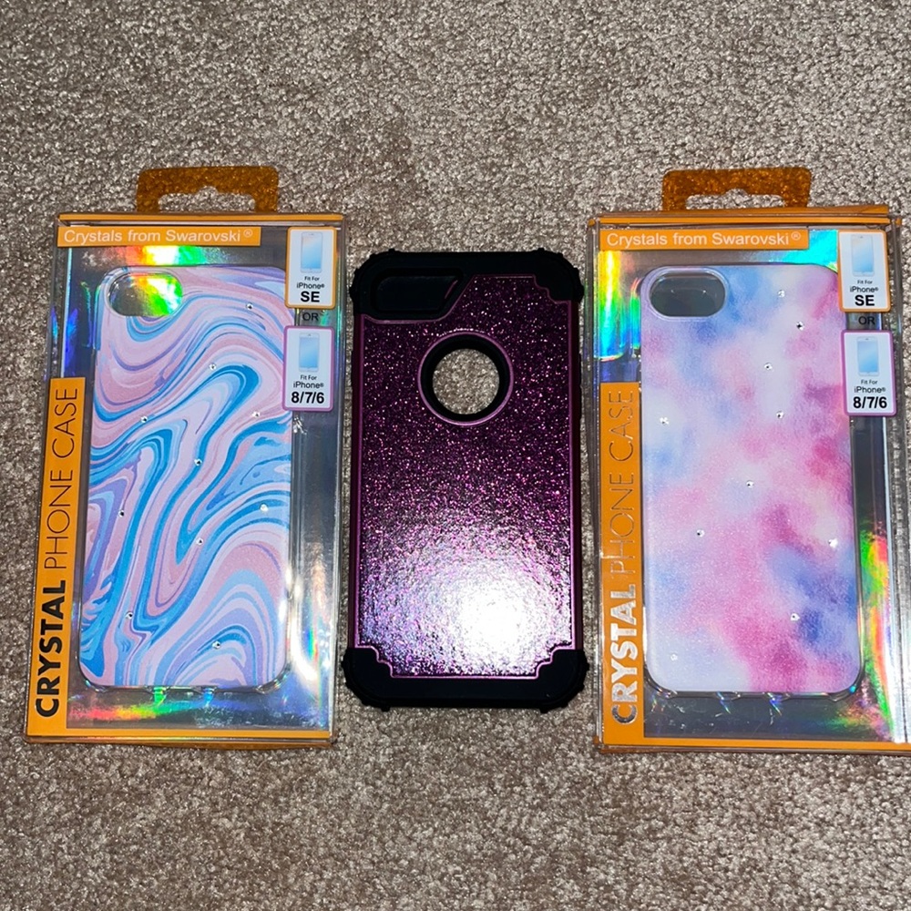 iPhone 8 cases - 2 NEW with Swarovski Crystals & 1 purple glitter GUC